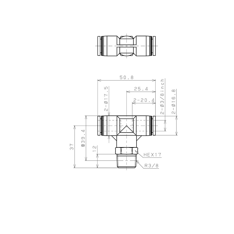 Bản vẽ kỹ thuật Đầu Nối Nhanh Khí Nén Dạng Chữ T Ren Ngoài Pisco PPB3/8-03SUS-F