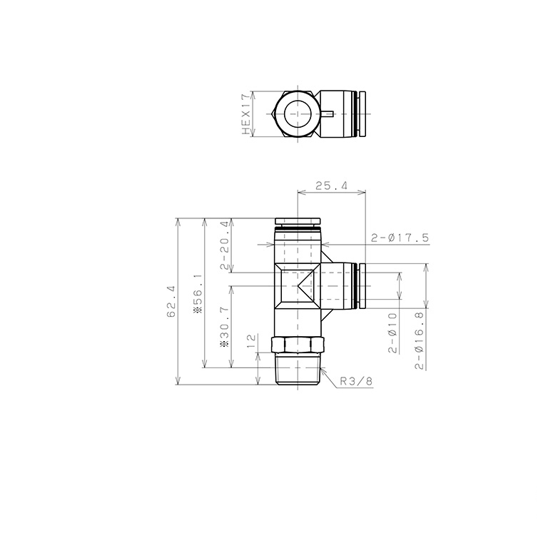 Bản vẽ kỹ thuật Đầu Nối Nhanh Khí Nén Dạng Chữ T Ren Ngoài Pisco PPD10-03SUS-C