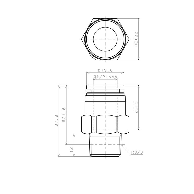 Bản vẽ kỹ thuật Đầu Nối Nhanh Khí Nén Dạng Thẳng Thân Lục Giác Ren Ngoài Pisco PPC1/2-03-C