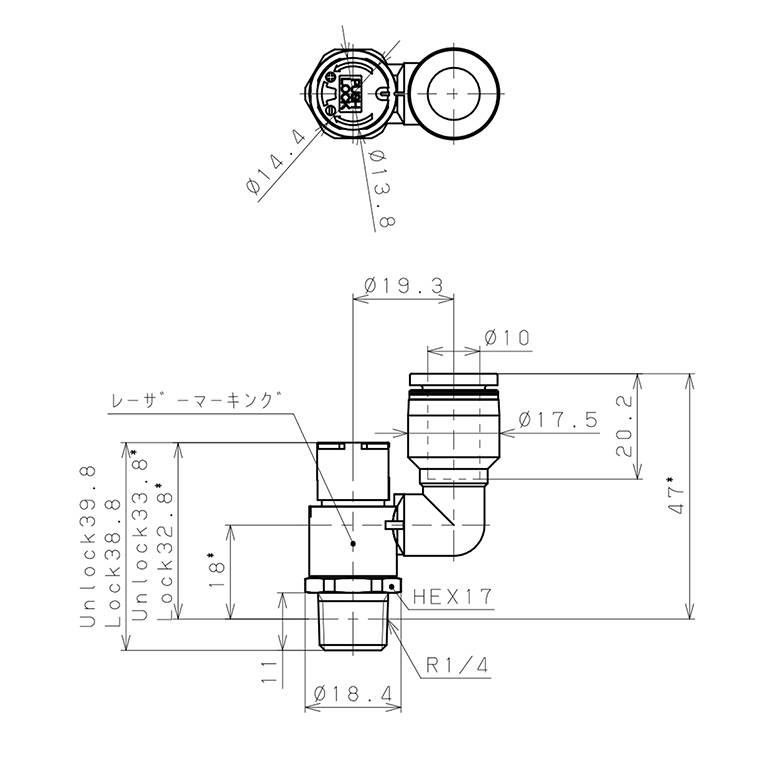 Bản vẽ kỹ thuật Van Tiết Lưu Khí Nén Loại Khóa Đẩy Có Hiển Thị Chỉ Số Pisco JSGS10-02BW