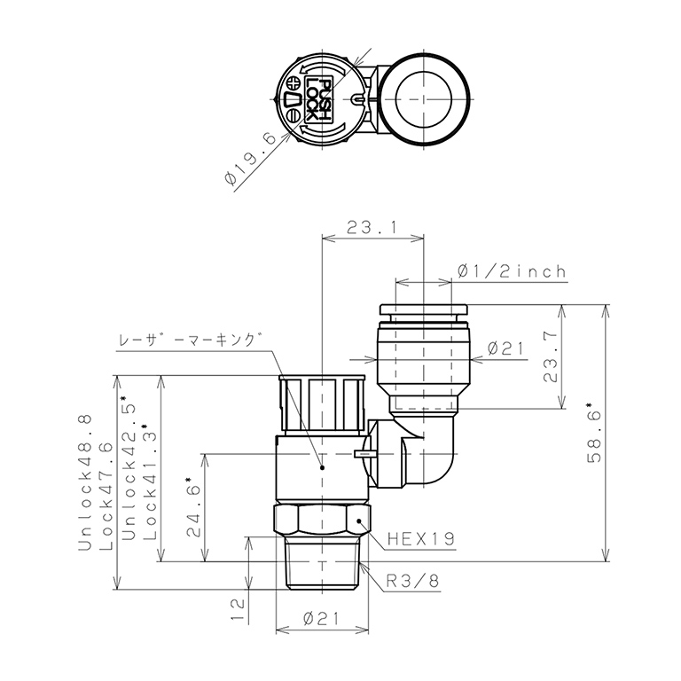 Bản vẽ kỹ thuật Van Tiết Lưu Khí Nén Loại Khóa Đẩy Có Hiển Thị Chỉ Số Pisco JSGS1/2-03BLW
