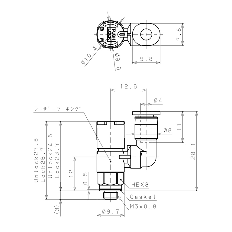 Bản vẽ kỹ thuật Van Tiết Lưu Khí Nén Loại Khóa Đẩy Có Hiển Thị Chỉ Số Pisco JSGS4-M5BLW