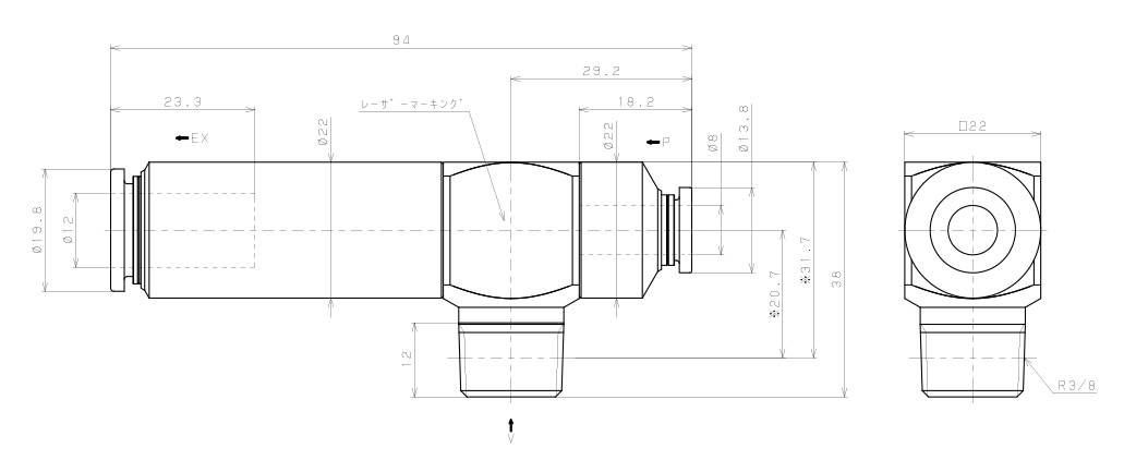 Bản vẽ kỹ thuật Bộ Tạo Chân Không Dòng VM - VC (-S3 Spec.) Pisco VCE20-038CJ-S3