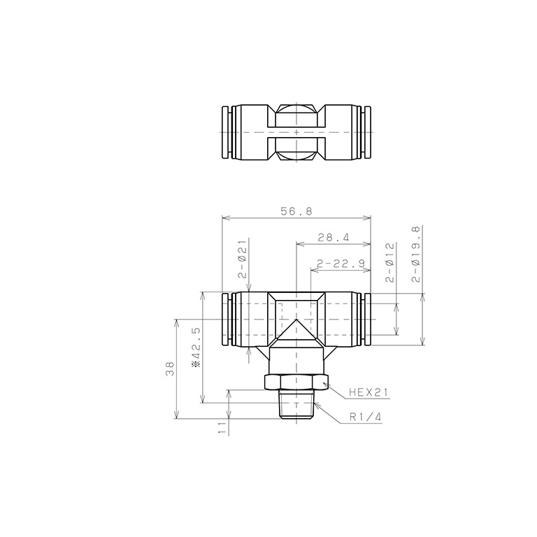 Bản vẽ kỹ thuật Đầu Nối Nhanh Khí Nén Dạng Chữ T Ren Ngoài Pisco SPB12-02