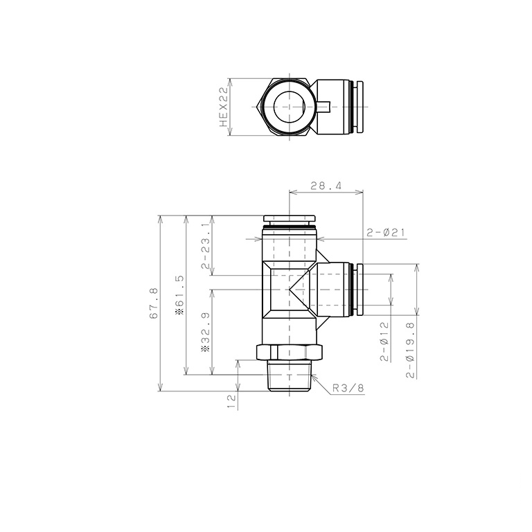 Bản vẽ kỹ thuật Đầu Nối Nhanh Khí Nén Dạng Chữ T Ren Ngoài Pisco PPD12-03-F-C