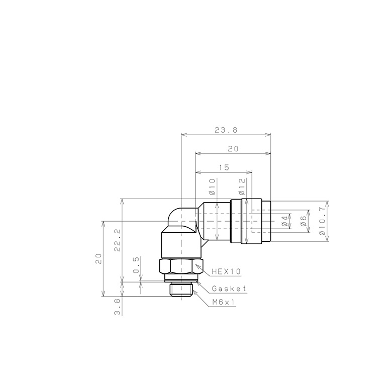 Bản vẽ kỹ thuật Đầu Nối Nhanh Khí Nén Dạng Cong 90° Ren Ngoài Pisco PL4-M6V-0