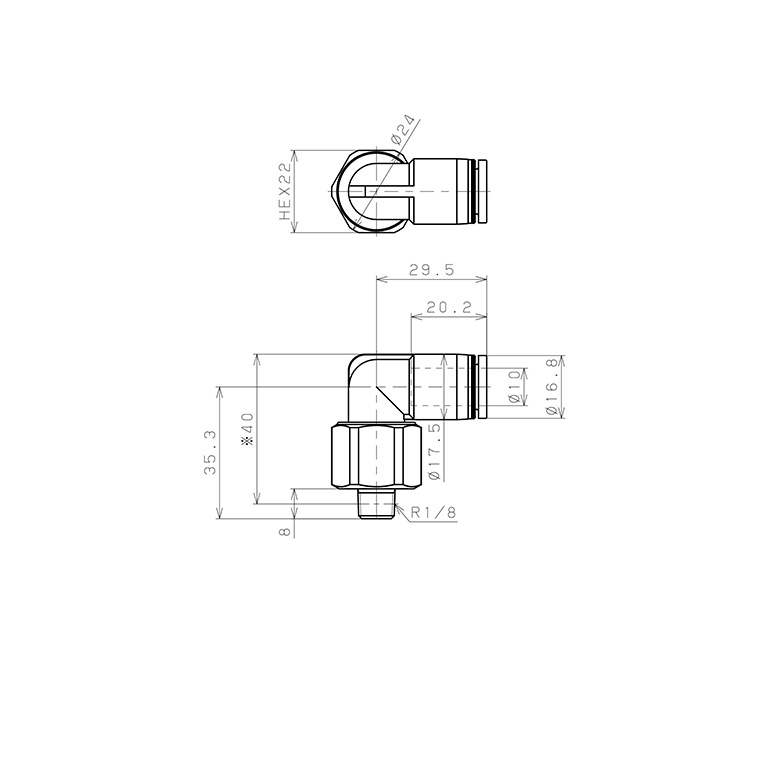 Bản vẽ kỹ thuật Đầu Nối Nhanh Khí Nén Dạng Cong 90° Ren Ngoài Có Khớp Xoay Pisco RL10-01