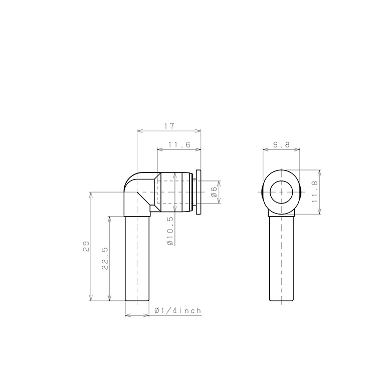 Bản vẽ kỹ thuật Đầu Nối Nhanh Khí Nén Giữa Ống Khí Và Fitting Dạng Nối Giảm Cong 90° Pisco PLGJ1/4-6M-C