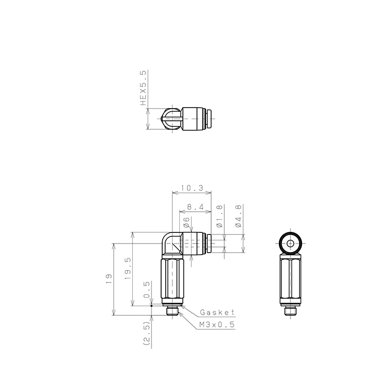 Bản vẽ kỹ thuật Đầu Nối Nhanh Khí Nén Dạng Cong 90° Ren Ngoài (Dài) Pisco PLL180-M3M
