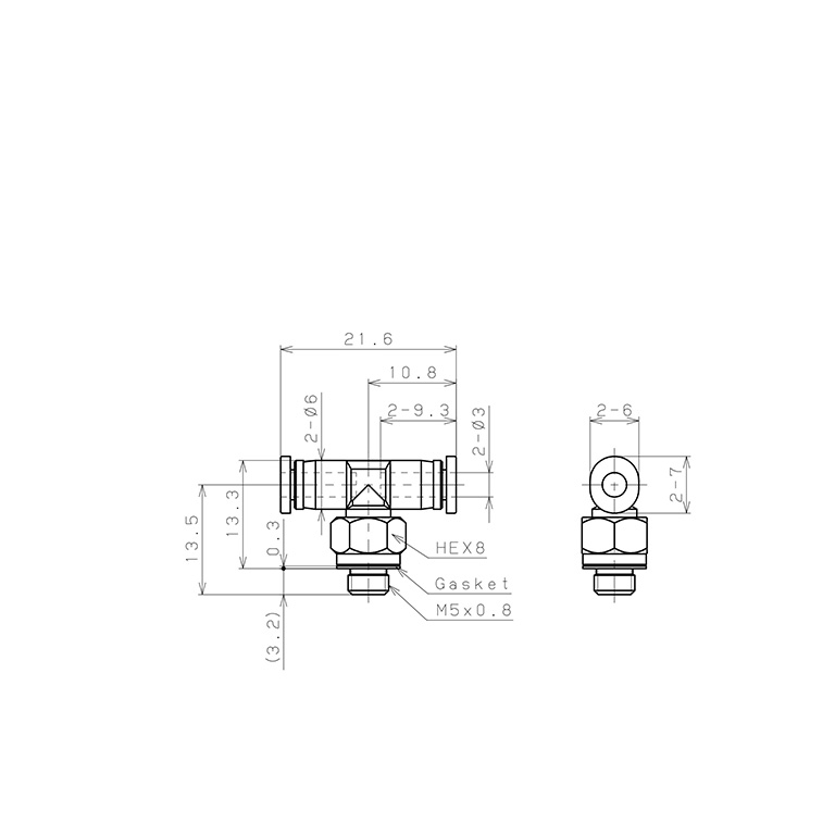 Bản vẽ kỹ thuật Đầu Nối Nhanh Khí Nén Dạng Chữ T Ren Ngoài Pisco PB3-M5M-C