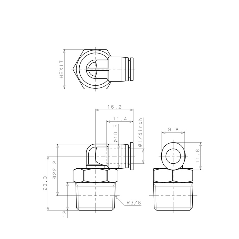 Bản vẽ kỹ thuật Đầu Nối Nhanh Khí Nén Dạng Cong 90° Ren Ngoài Pisco PL1/4-03M