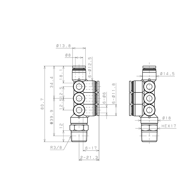 Bản vẽ kỹ thuật Đầu Nối Nhanh Khí Nén Dạng Chữ T Sáu Nhánh Ren Ngoài Pisco PKVD8-6-03W