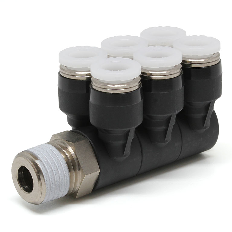 Đầu Nối Nhanh Khí Nén Sáu Nhánh Cong 90° Thân Lục Giác Trụ Ren Ngoài Pisco PAT1/4-02