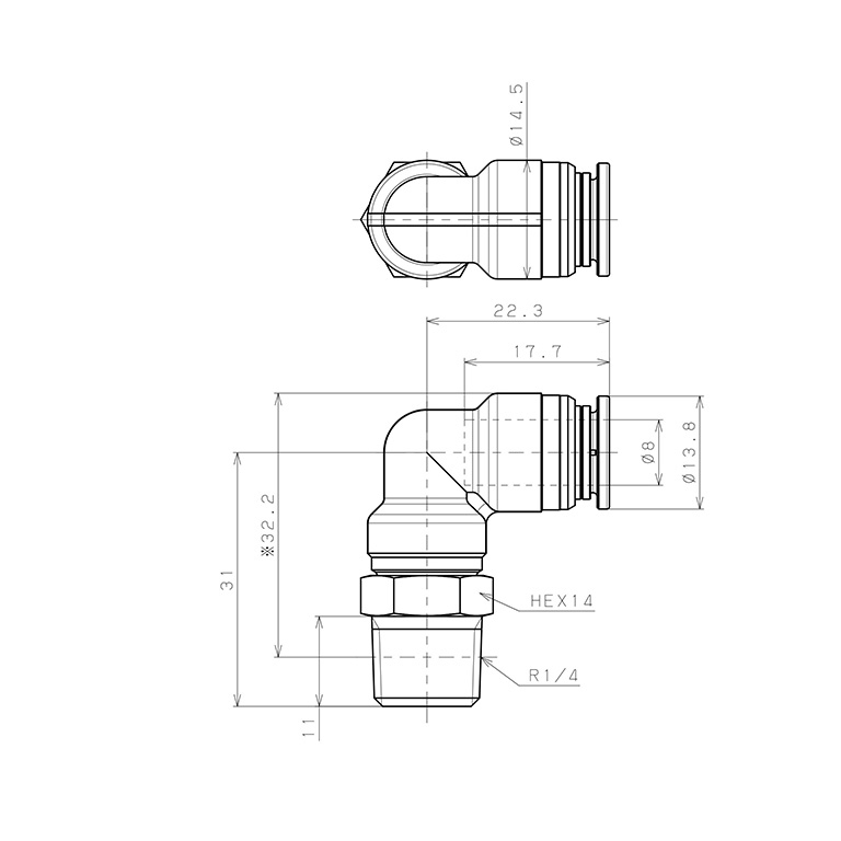 Bản vẽ kỹ thuật Đầu Nối Nhanh Khí Nén Dạng Cong 90° Ren Ngoài Pisco KL8-02-1