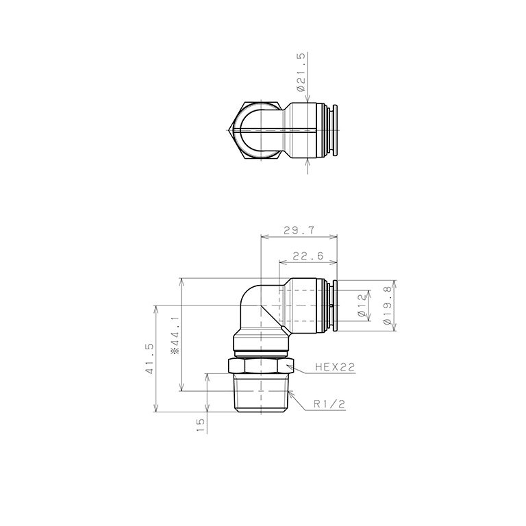Bản vẽ kỹ thuật Đầu Nối Nhanh Khí Nén Dạng Cong 90° Ren Ngoài Pisco KL12-04-1-F