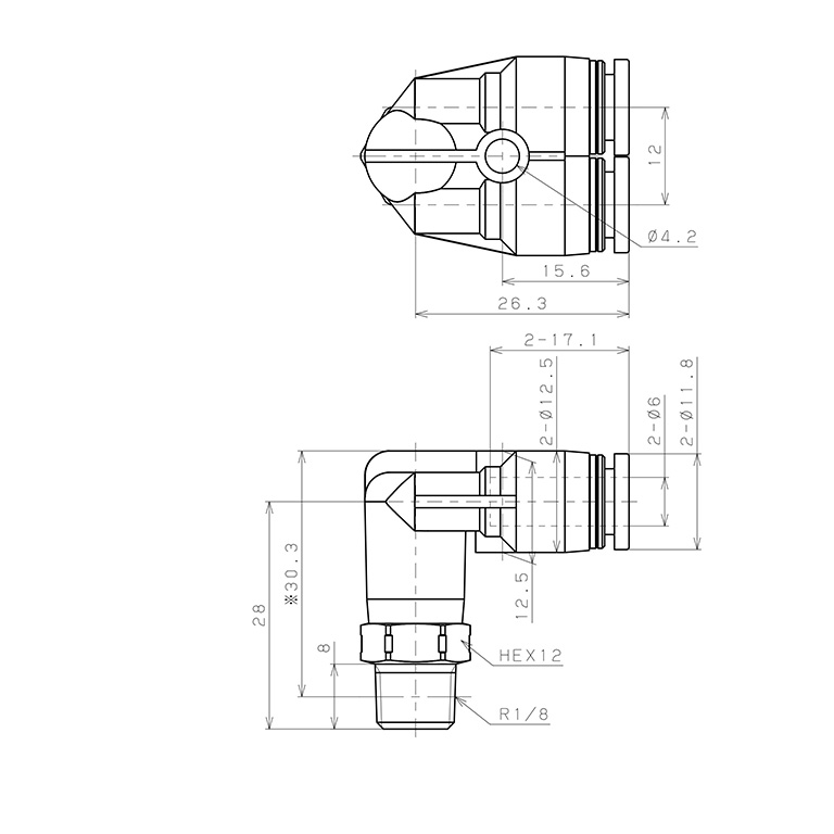 Bản vẽ kỹ thuật Đầu Nối Nhanh Khí Nén Hai Nhánh Cong 90° Ren Ngoài Pisco PAX6-01SUS