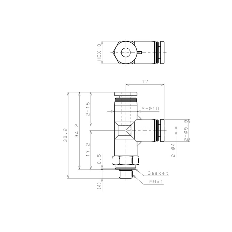 Bản vẽ kỹ thuật Đầu Nối Nhanh Khí Nén Dạng Chữ T Ren Ngoài Pisco PD4-M6SUS