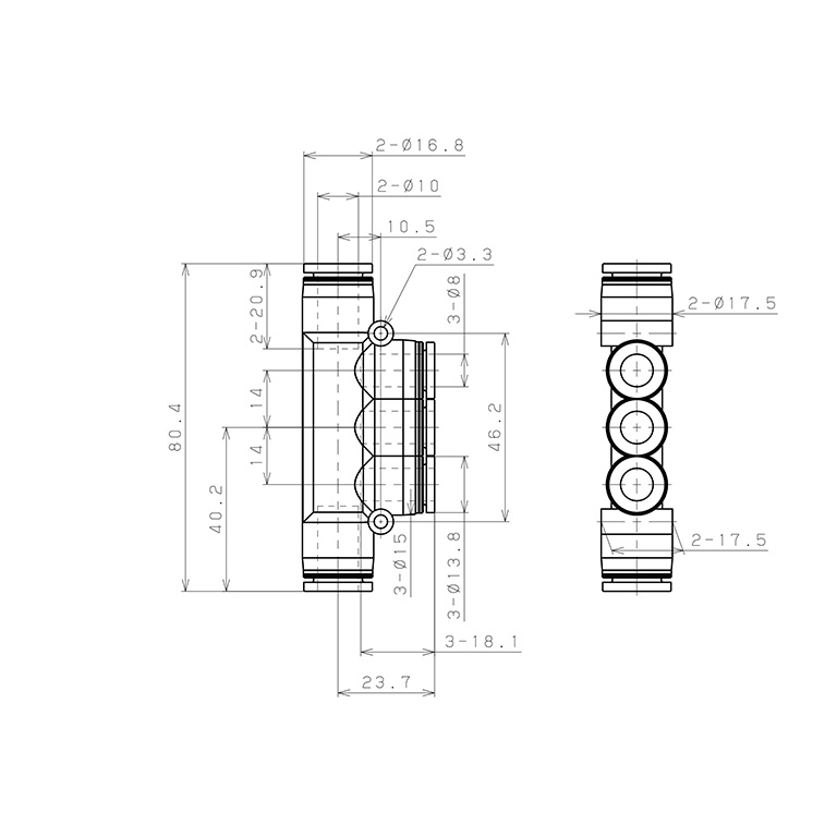Bản vẽ kỹ thuật Đầu Nối Nhanh Khí Nén Chữ T 5 Ngã Dạng Nối Giảm Pisco PKG10-8SUS
