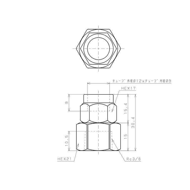 Bản vẽ kỹ thuật Đầu Ngạnh Nối Ống Có Đai Ốc Xiết Dạng Thẳng Thân Lục Giác Ren Trong Pisco NKCF1290-03