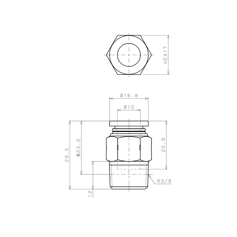 Bản vẽ kỹ thuật Đầu Nối Nhanh Khí Nén Dạng Thẳng Thân Lục Giác Ren Ngoài Pisco PC10-03SUS