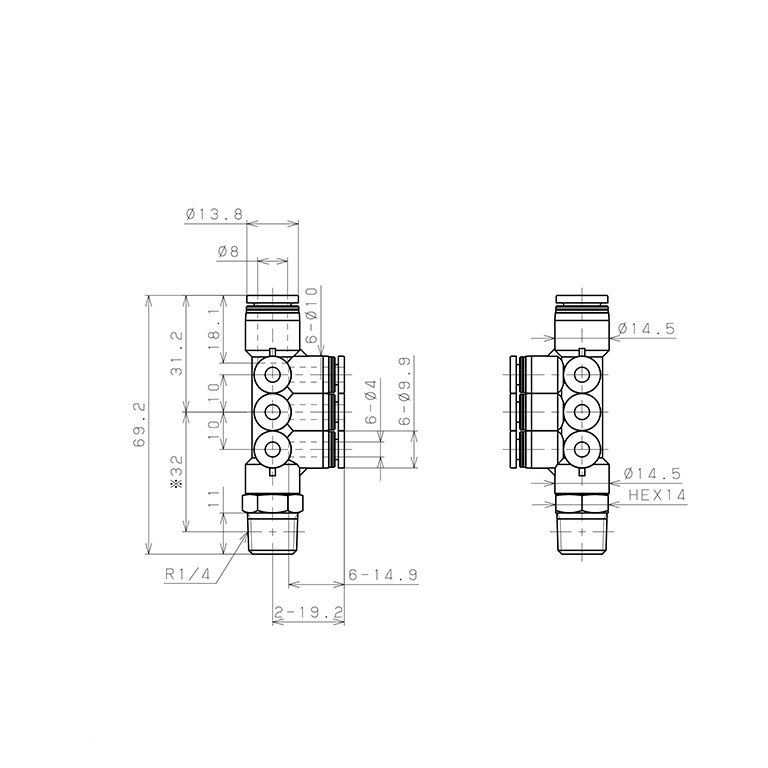 Bản vẽ kỹ thuật Đầu Nối Nhanh Khí Nén Dạng Chữ T Sáu Nhánh Ren Ngoài Pisco PKVD8-4-02
