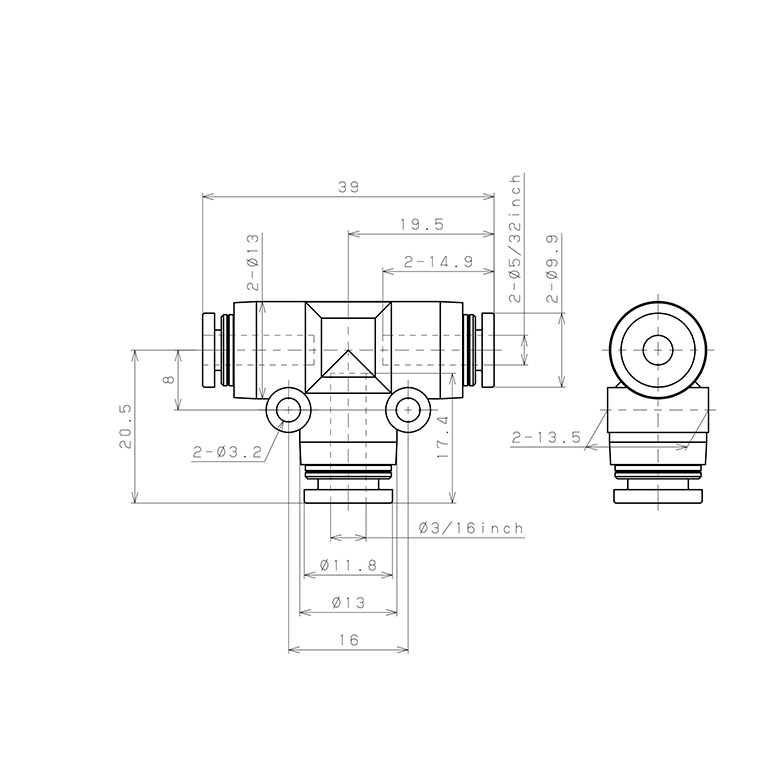 Bản vẽ kỹ thuật Đầu Nối Nhanh Khí Nén Chữ T Dạng Nối Giảm Pisco PEG5/32-3/16