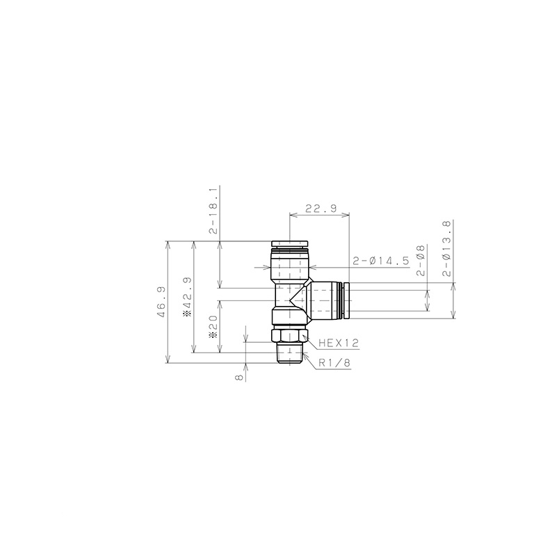 Bản vẽ kỹ thuật Đầu Nối Nhanh Khí Nén Dạng Chữ T Ren Ngoài Pisco PD8-01W-C