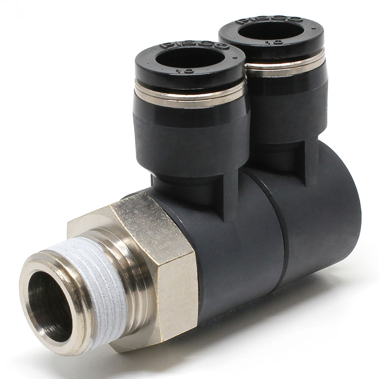 Đầu Nối Nhanh Khí Nén Hai Nhánh Cong 90° Thân Lục Giác Trụ Ren Ngoài Pisco PHW10-03-C