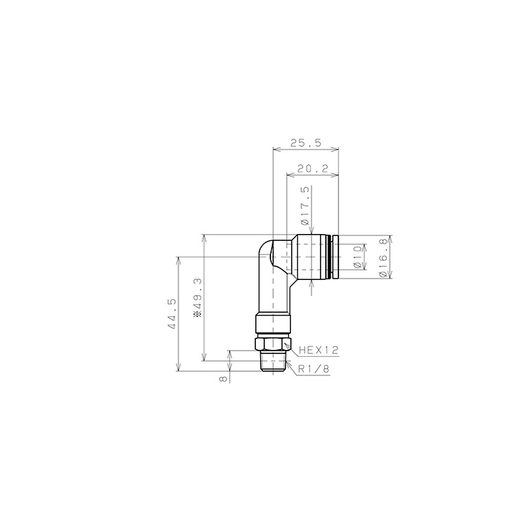 Bản vẽ kỹ thuật Đầu Nối Nhanh Khí Nén Dạng Cong 90° Ren Ngoài (Dài) Pisco PLL10-01-C