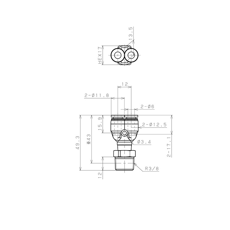 Bản vẽ kỹ thuật Đầu Nối Nhanh Khí Nén Dạng Chữ Y Ren Ngoài Pisco PPX6-03