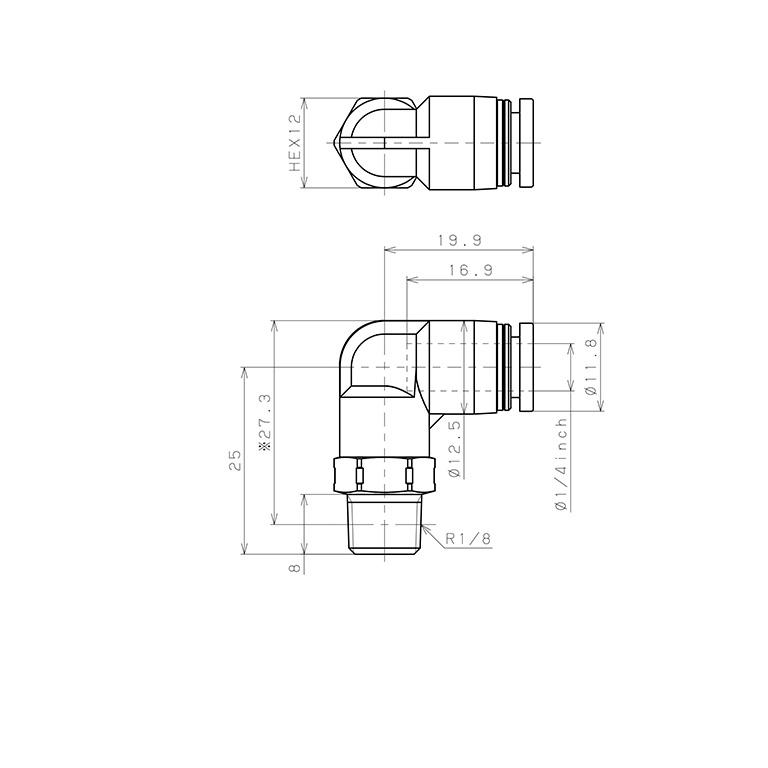 Bản vẽ kỹ thuật Đầu Nối Nhanh Khí Nén Dạng Cong 90° Ren Ngoài Pisco PPL1/4-01SUS-F
