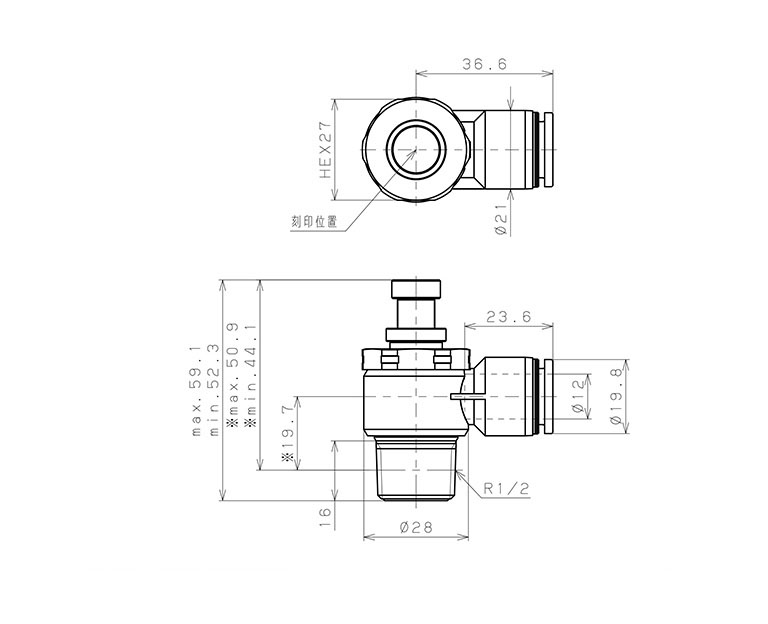 Bản vẽ kỹ thuật Van Tiết Lưu Khí Nén Bằng Nhựa PP Pisco PJSC12-04A-F-S