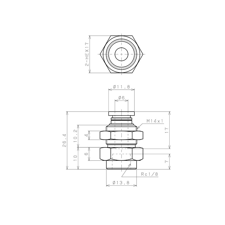 Bản vẽ kỹ thuật Đầu Nối Nhanh Khí Nén Dạng Thẳng Ren Trong Ngoài Pisco PMF6-01