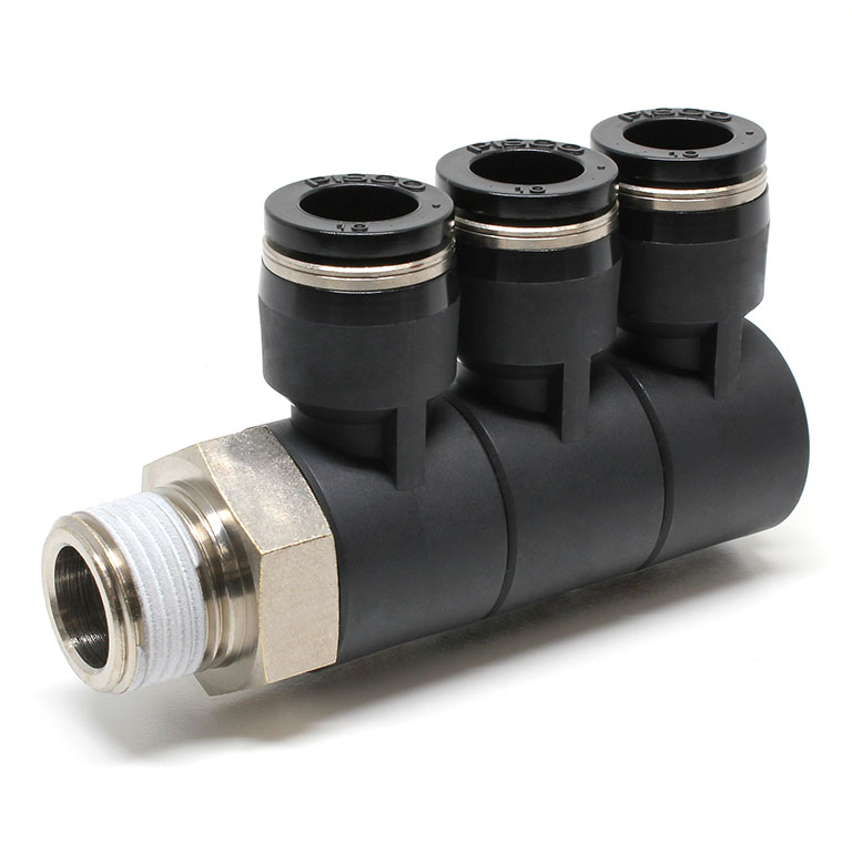 Đầu Nối Nhanh Khí Nén Ba Nhánh Cong 90° Thân Lục Giác Trụ Ren Ngoài Pisco PHT10-03W
