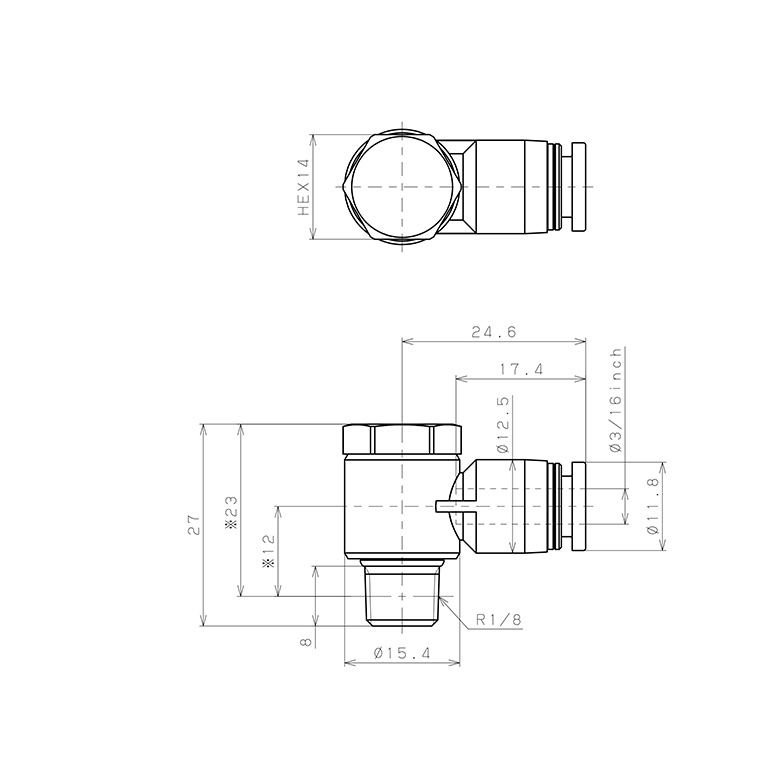 Bản vẽ kỹ thuật Đầu Nối Nhanh Khí Nén Cong 90° Đầu Lục Giác Trụ Ren Ngoài Pisco PH3/16-01