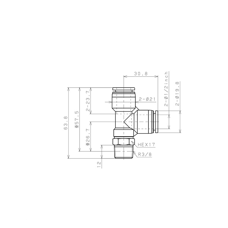 Bản vẽ kỹ thuật Đầu Nối Nhanh Khí Nén Dạng Chữ T Ren Ngoài Pisco PD1/2-03W