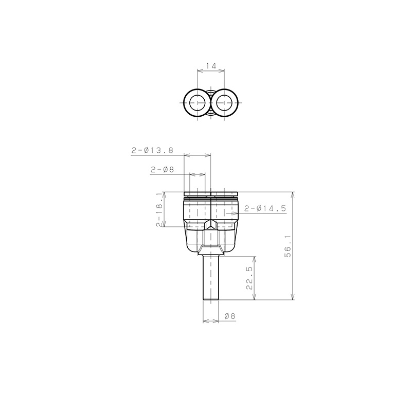Bản vẽ kỹ thuật Đầu Nối Nhanh Khí Nén Giữa Ống Khí Và Fitting Dạng Chữ Y Pisco PYJ8W-C