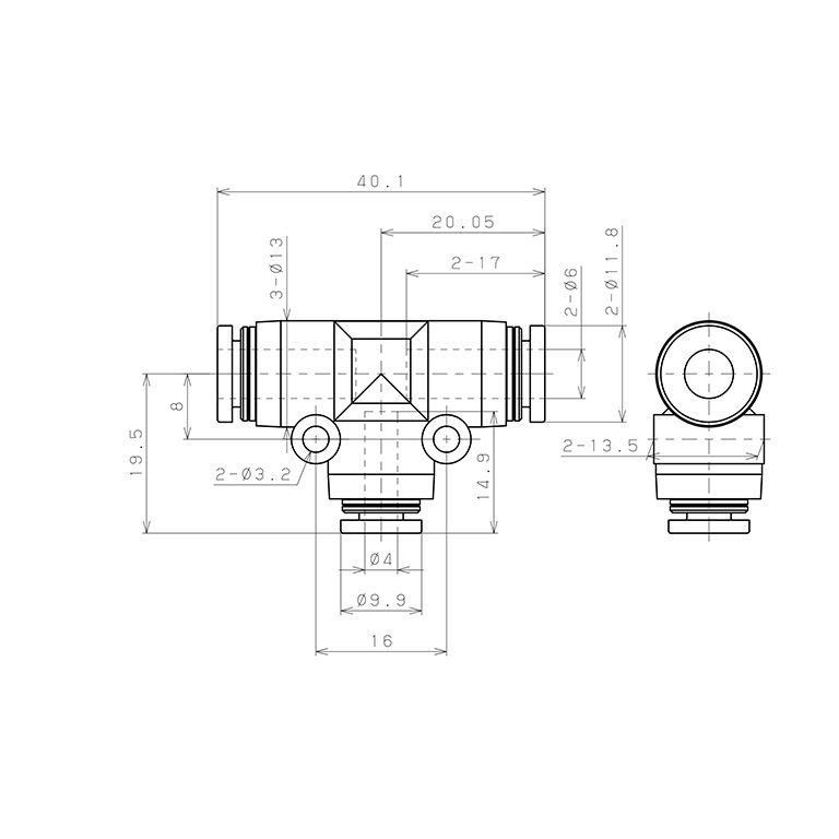 Bản vẽ kỹ thuật Đầu Nối Nhanh Khí Nén Chữ T Dạng Nối Giảm Pisco PEG6-4-C