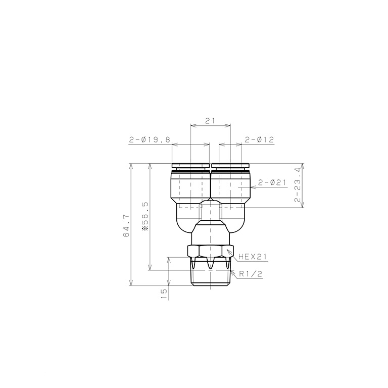 Bản vẽ kỹ thuật Đầu Nối Nhanh Khí Nén Dạng Chữ Y Ren Ngoài Pisco PX12-04W-C