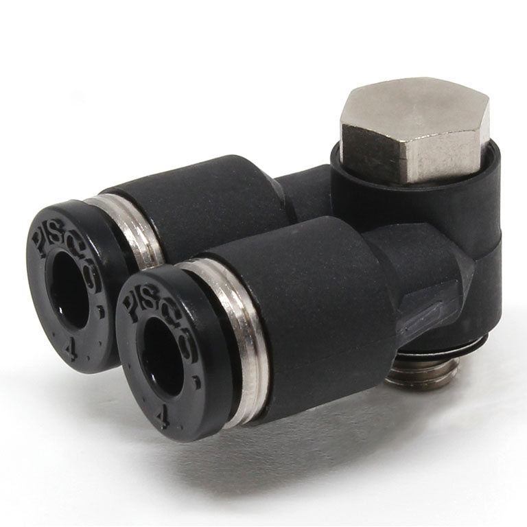 Đầu Nối Nhanh Khí Nén Hai Nhánh Cong 90° Đầu Lục Giác Trụ Ren Ngoài Pisco PA5/32-U10U