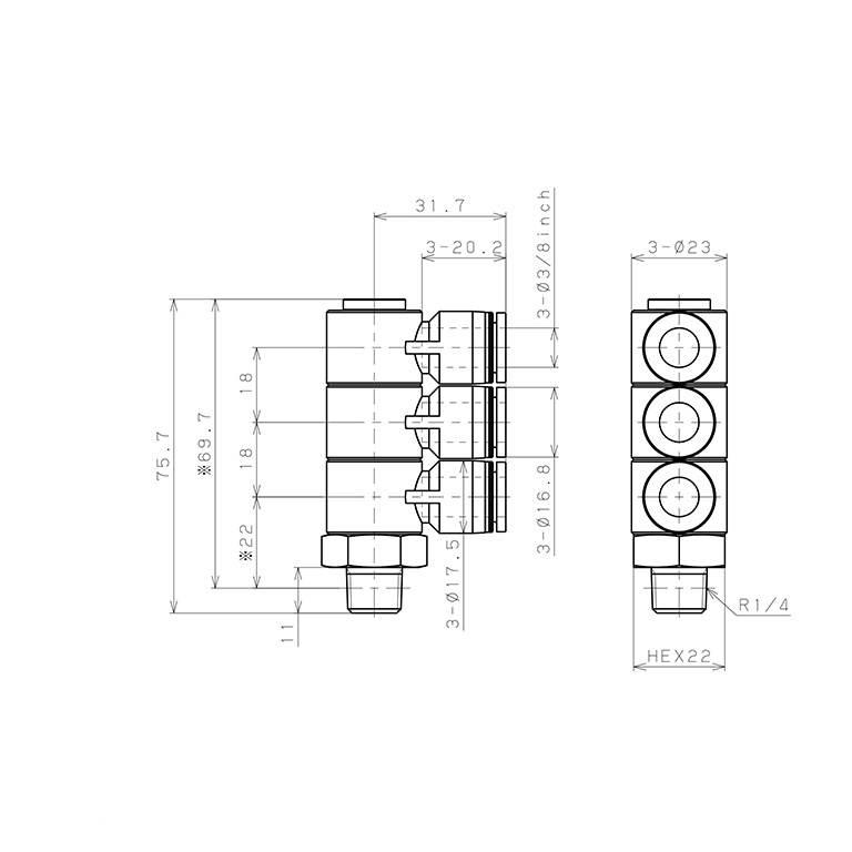 Bản vẽ kỹ thuật Đầu Nối Nhanh Khí Nén Ba Nhánh Cong 90° Thân Lục Giác Trụ Ren Ngoài Pisco PHT3/8-02