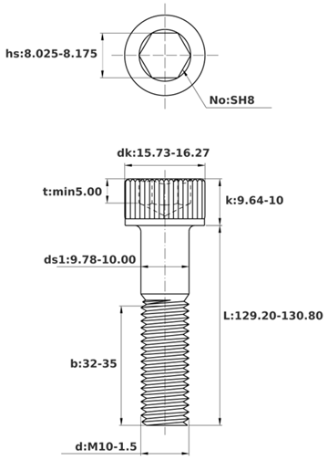 Bản vẽ kỹ thuật Lục Giác Chìm Đầu Trụ Inox 316 DIN912 M10x130 Ren Lửng