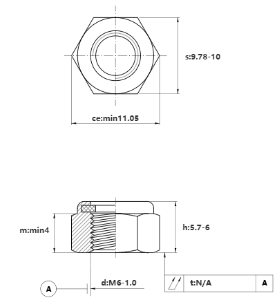Bản vẽ kỹ thuật Tán Keo Thép Mạ Kẽm Trắng Cr3+ 4.8 DIN985 M6
