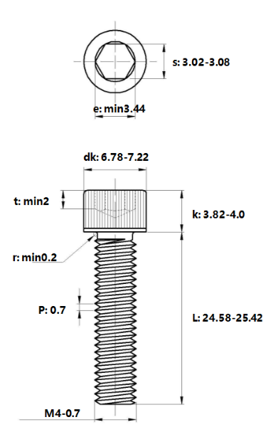Bản vẽ kỹ thuật Lục Giác Chìm Đầu Trụ Thép Đen 12.9 DIN912 M4x25