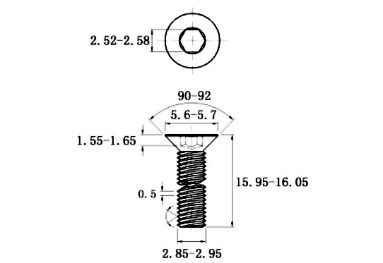 Bản vẽ kỹ thuật Lục Giác Chìm Col Thép Đen 10.9 DIN7991 M3x16 (50Cái/Bịch)