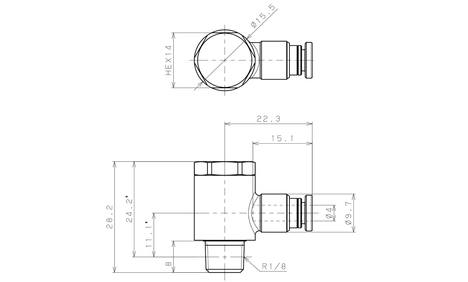 Bản vẽ kỹ thuật Đầu Nối Nhanh Khí Nén Cong 90° Đầu Lục Giác Trụ Ren Ngoài Pisco KH4-01-1-F