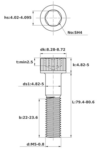 Bản vẽ kỹ thuật Lục Giác Chìm Đầu Trụ Thép Đen 12.9 DIN912 M5x80 Ren Lửng (50Cái/Bịch)