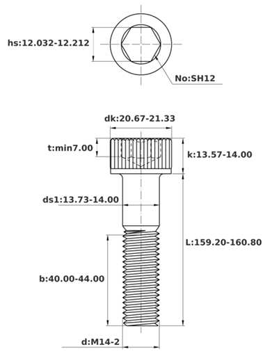 Bản vẽ kỹ thuật Lục Giác Chìm Đầu Trụ Thép Đen 12.9 DIN912 M14x160 Ren Lửng