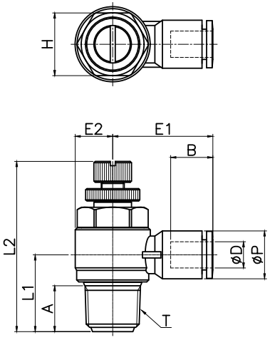 Bản vẽ kỹ thuật Van Tiết Lưu Khí Nén Ø10mm - Ren Ngoài 1/2" CDC MSC 1004 (Màu Đen)