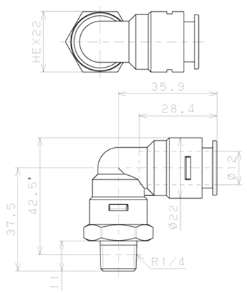 Bản vẽ kỹ thuật Đầu Nối Nhanh Khí Nén Dạng Cong 90° Ren Ngoài Pisco APL12-02-N-TP